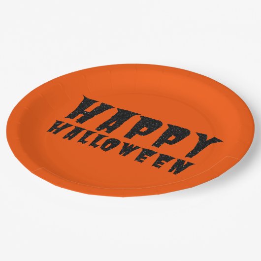 Schwarzer Glitzer Happy Halloween Papierplatte Pappteller (Schrägansicht)