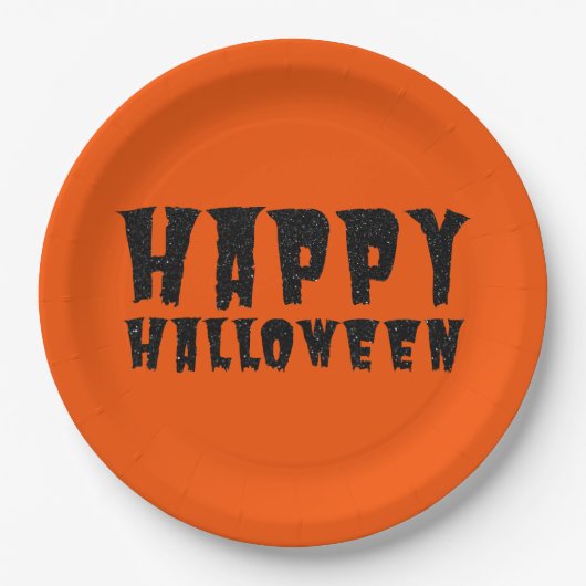 Schwarzer Glitzer Happy Halloween Papierplatte Pappteller (Vorderseite)