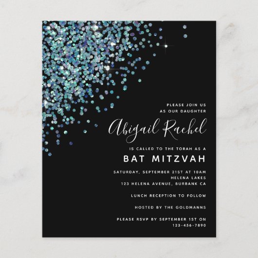 Schwarzer Glitzer Haushalt Bat Mitzvah Einladung (Vorderseite)