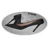 Schwarzer Glitzer High Heel Shoe auf Silver | Schneidebrett (Ecke)