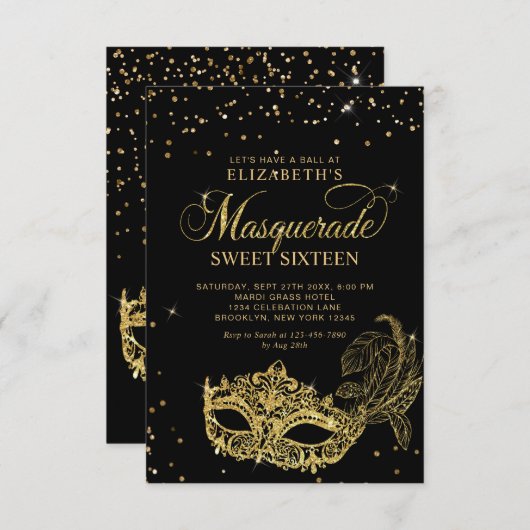 Schwarzer Glitzer-Masquerade Sweet 16 Mitteilungskarte (Vorne/Hinten)
