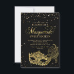 Schwarzer Glitzer-Masquerade Sweet 16 Mitteilungskarte<br><div class="desc">Das Design bietet glänzende goldene Glitzer Maskerade Ball Maske mit goldenen Konfetti.</div>