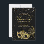 Schwarzer Glitzer-Masquerade Sweet 16 Mitteilungskarte<br><div class="desc">Das Design bietet glänzende goldene Glitzer Maskerade Ball Maske mit goldenen Konfetti.</div>