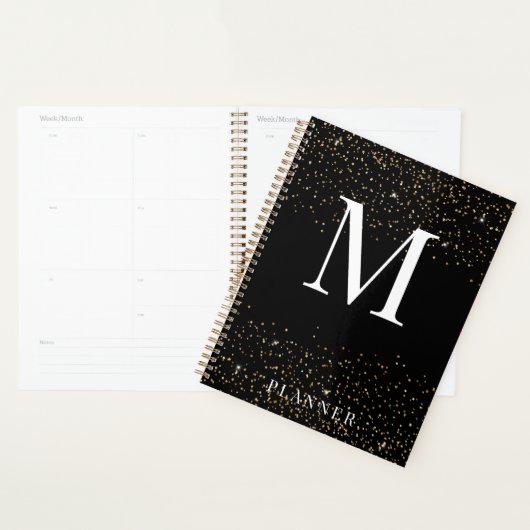 Schwarzer Glitzer Modernes Glam Monogram Planer (Anzeige)