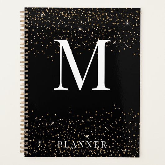 Schwarzer Glitzer Modernes Glam Monogram Planer (Vorderseite)