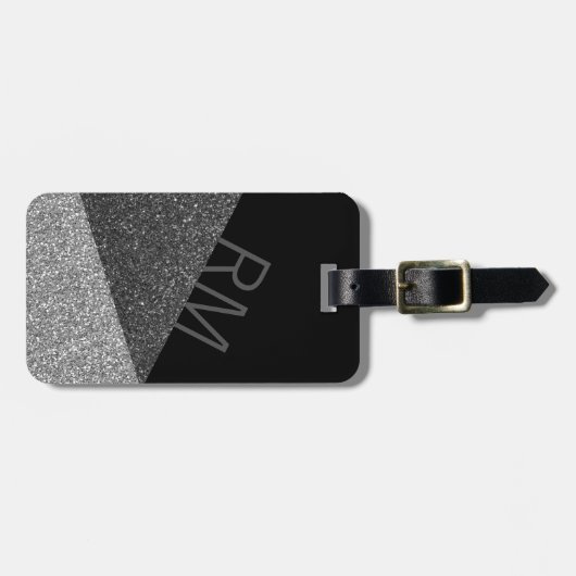 Schwarzer Glitzer Modernes Monogramm-Gepäck Gepäckanhänger (Vorderseite horizontal)