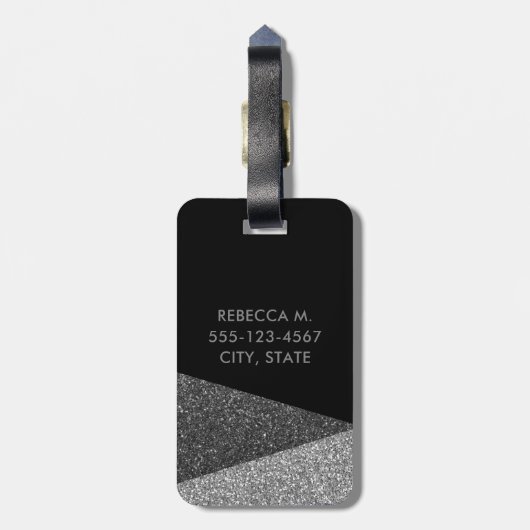 Schwarzer Glitzer Modernes Monogramm-Gepäck Gepäckanhänger (Rückseite vertikal)