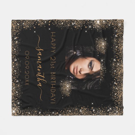 Schwarzer Glitzer-Monogramm-Foto Fleecedecke (Vorderseite (Horizontal))