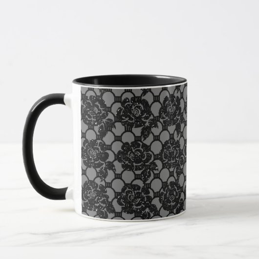Schwarzer Glitzer romantische Blumenspitze und gra Tasse (Links)