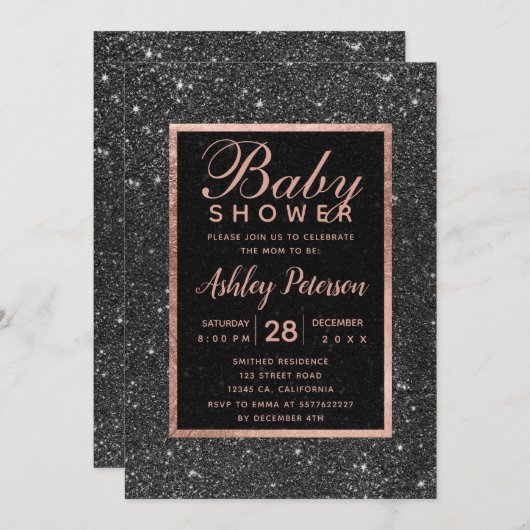 Schwarzer Glitzer Rose Goldtypografie Babydusche Einladung (Vorne/Hinten)