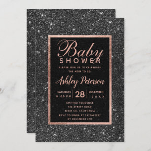 Schwarzer Glitzer Rose Goldtypografie Babydusche Einladung