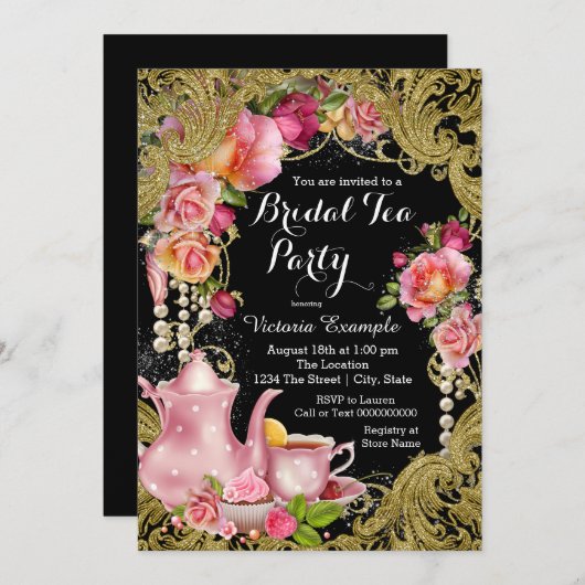 Schwarzer Glitzer Rose Tee Party Einladung (Vorne/Hinten)