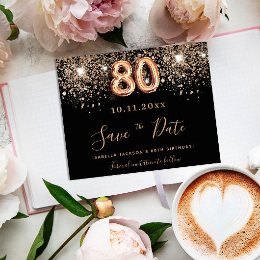 Schwarzer Glitzer-Save the Date-Karte zum 80. Gebu