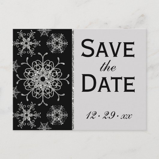 Schwarzer Glitzer Schneeflocken Save the Date Post Ankündigungspostkarte (Vorderseite)