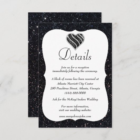 Schwarzer Glitzer Schwarzes und Weiß Herz Hochzeit Begleitkarte (Vorne/Hinten)