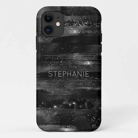 Schwarzer Glitzer Shimmer Moderner Personalisierte Case-Mate iPhone Hülle (Rückseite)