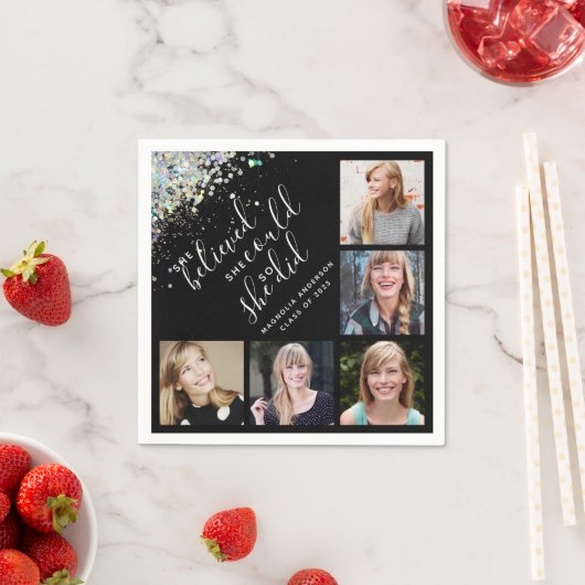 Schwarzer Glitzer Sie glaubt Foto Abschluss Serviette (Beispiel)