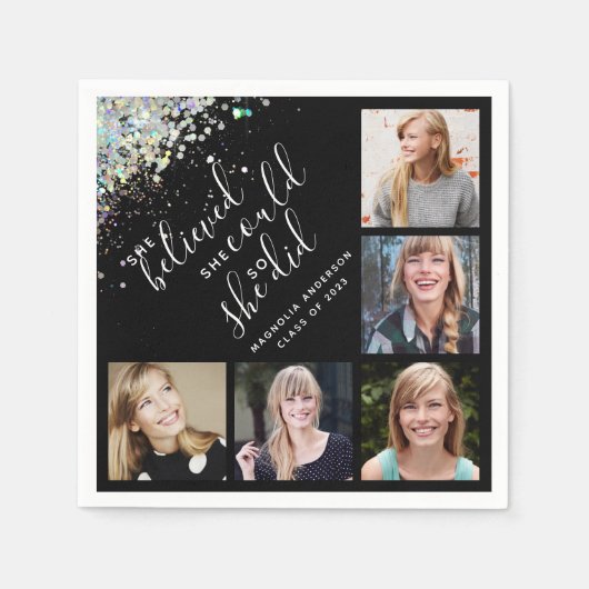 Schwarzer Glitzer Sie glaubt Foto Abschluss Serviette (Vorderseite)