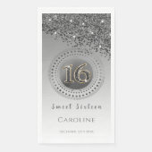 Schwarzer Glitzer & Silber Sweet 16 Mit Monogramm Serviette (Vorderseite)