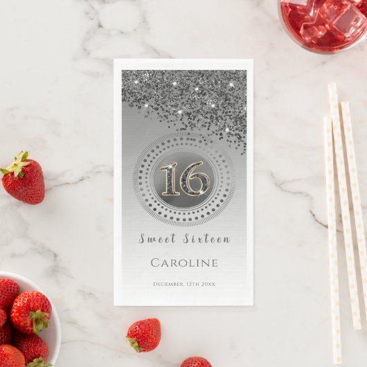Schwarzer Glitzer & Silber Sweet 16 Mit Monogramm Serviette (Beispiel)