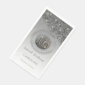 Schwarzer Glitzer & Silber Sweet 16 Mit Monogramm Serviette (Ecke)