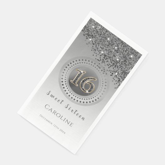 Schwarzer Glitzer & Silber Sweet 16 Mit Monogramm Serviette (Ecke)