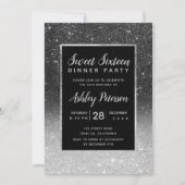 Schwarzer Glitzer Silbertypografie Sweet 16 Einladung (Vorderseite)