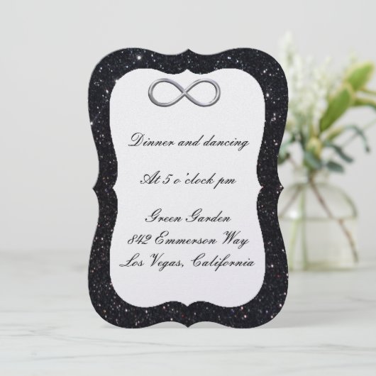 Schwarzer Glitzer Silver Infinity Empfang Card Einladung (Stehend Vorderseite)