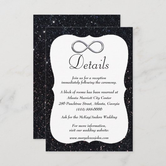Schwarzer Glitzer Silver Unendlichkeit Hochzeitsde Begleitkarte (Vorne/Hinten)