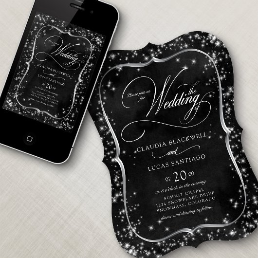 Schwarzer Glitzer Silver Wedding Einladung