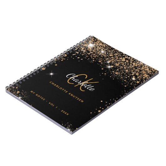 Schwarzer Glitzer-Staub-Monogramm-Namen Glaze Notizblock (Linke Seite)