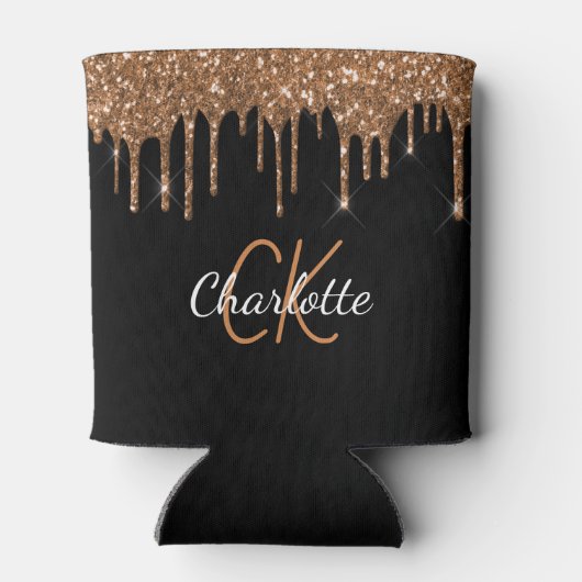 Schwarzer Glitzer-Tropfen-Monogramm-Funkeln Dosenkühler (Rückseite)