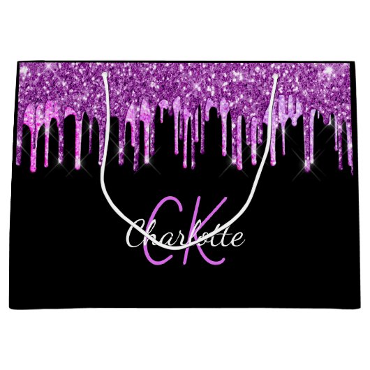 Schwarzer Glitzer-Tropfen-Monogramm-Funkeln Große Geschenktüte (Vorderseite)