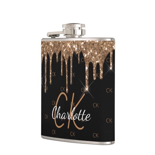 Schwarzer Glitzer Tropfen monogramm funkelnd elega Flachmann (Links)