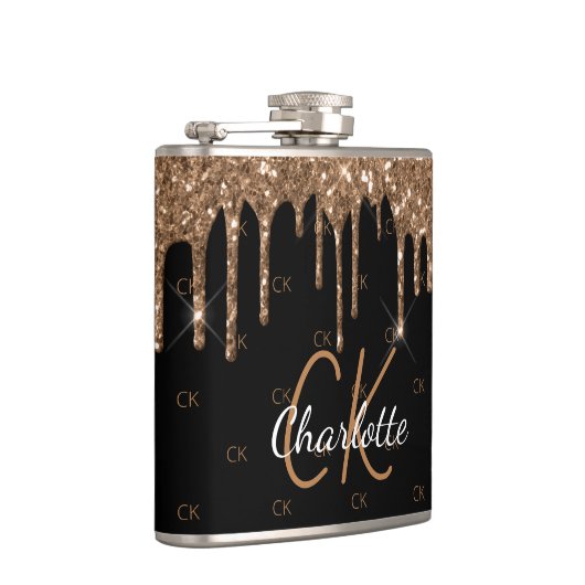 Schwarzer Glitzer Tropfen monogramm funkelnd elega Flachmann (Rechts)