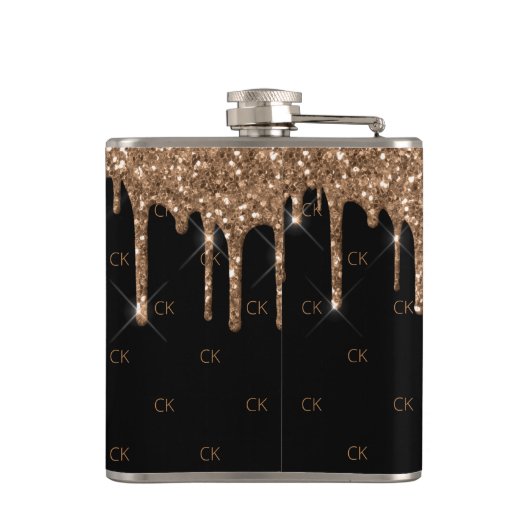 Schwarzer Glitzer Tropfen monogramm funkelnd elega Flachmann (Rückseite)