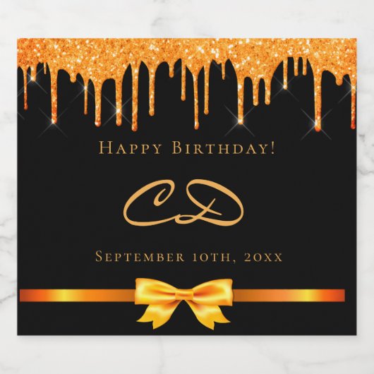 Schwarzer Glitzer Tropfen Monogramm-Initialen am G Schaumweinetikett (Einzelnes Label)