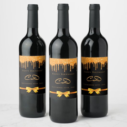 Schwarzer Glitzer Tropfen Monogramm-Initialen am G Weinetikett (Flaschen)