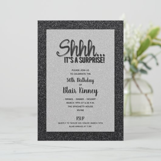 Schwarzer Glitzer ÜBERRASCHUNG Geburtstag Einladung (Stehend Vorderseite)