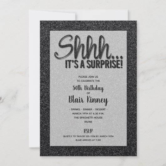 Schwarzer Glitzer ÜBERRASCHUNG Geburtstagseinladun (Vorderseite)