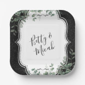 Schwarzer Glitzer und Eukalyptus Bouquet Pappteller (Vorderseite)