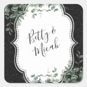 Schwarzer Glitzer und Eukalyptus Bouquet Quadratischer Aufkleber (Vorderseite)