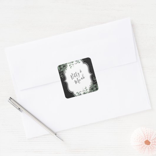 Schwarzer Glitzer und Eukalyptus Bouquet Quadratischer Aufkleber (Umschlag)