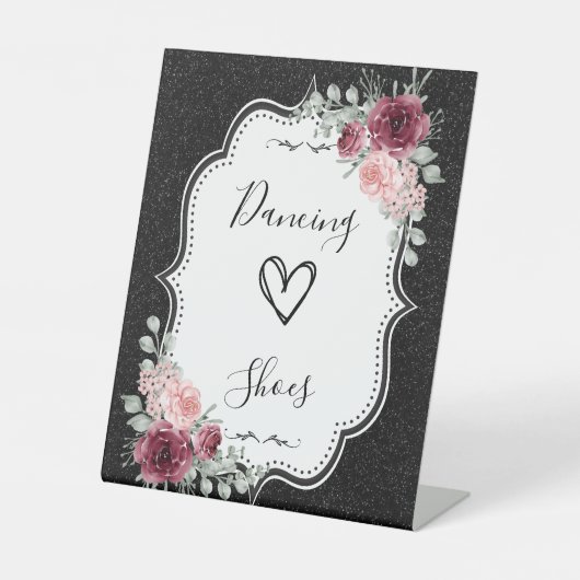 Schwarzer Glitzer und florales Drehte Flop-Zeichen Sockelschild (Vorderseite)