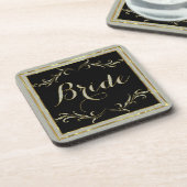 Schwarzer Glitzer- und Goldrahmen-Brillentext Getränkeuntersetzer (Linke Seite)