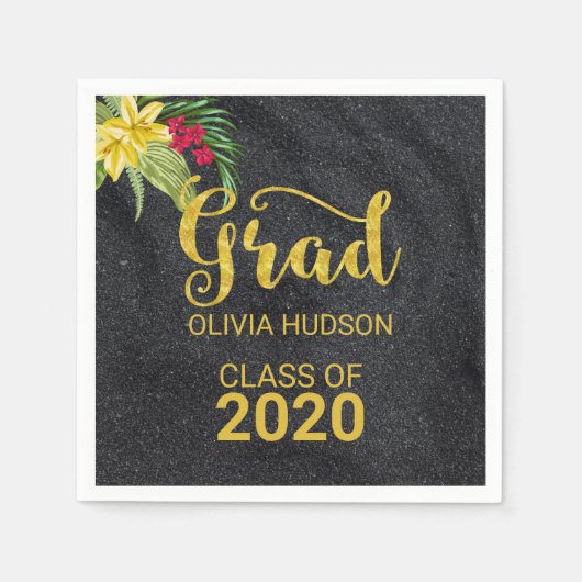 Schwarzer Glitzer und Hibiskus Serviette (Vorderseite)