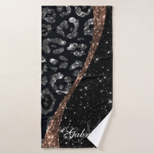 Schwarzer Glitzer und Leopard Badhandtuch Set