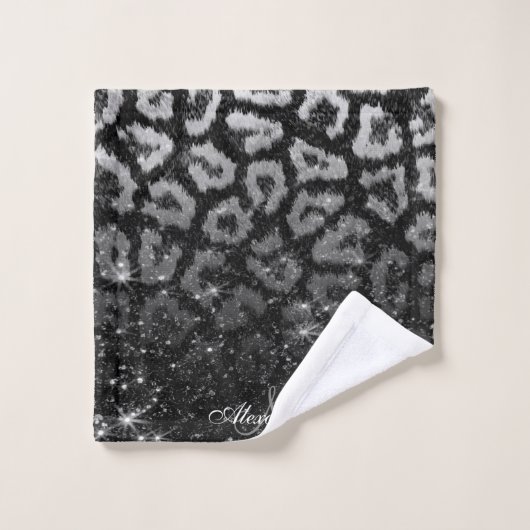 Schwarzer Glitzer und Leopard Badhandtuch Set (Waschlappen)