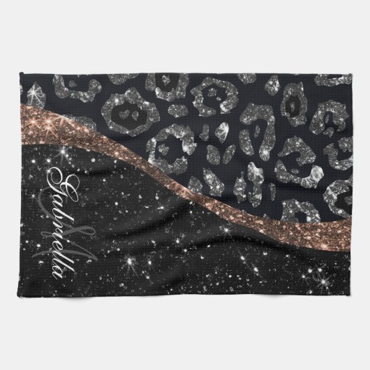 Schwarzer Glitzer und Leopard Geschirrtuch (Horizontal)