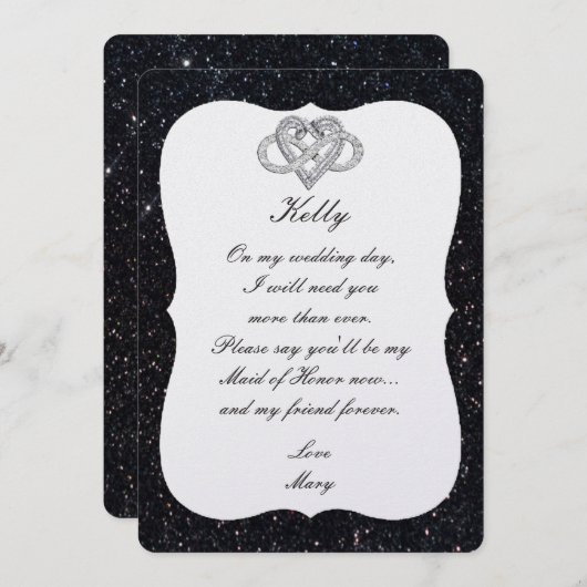 Schwarzer Glitzer Unendlichkeit Herzkarte Trauzeug Einladung (Vorne/Hinten)